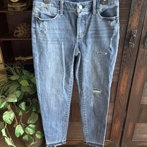 Talbots Flawless Slim Ankle Distressed Jeans Patches Raw Hems Medium Wash Sz 6